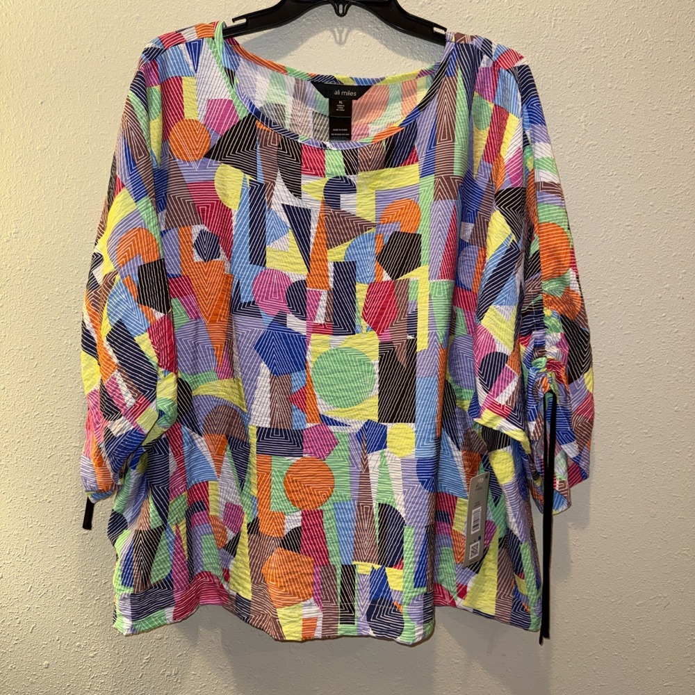 Ali Miles Women's Woven Top Geometric 3/4" Dolman Sleeves W/Ties Sz XL NEW Flowy